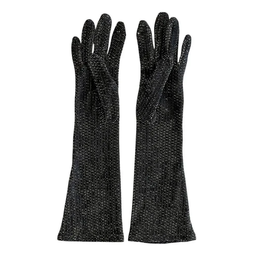 Vintage Sparkling Silver Black Long Forearm Gloves - Size S